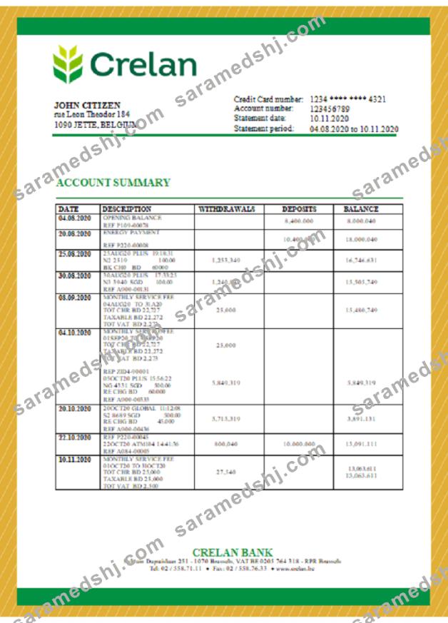 Belgium Crelan bank statement template in Word and PDF format